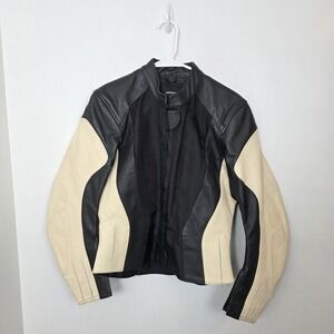 Hein Gericke Black Cream Leather Hiprotec Armored Motorcycle Racer Jacket Size 8